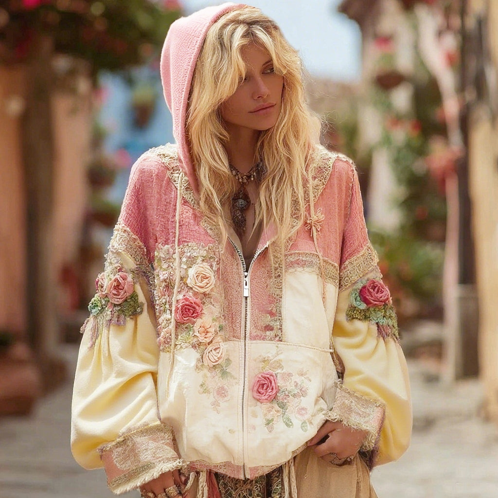 Women's Floral Embroidery Color Block Boho Casual Zip-up Hoodie
