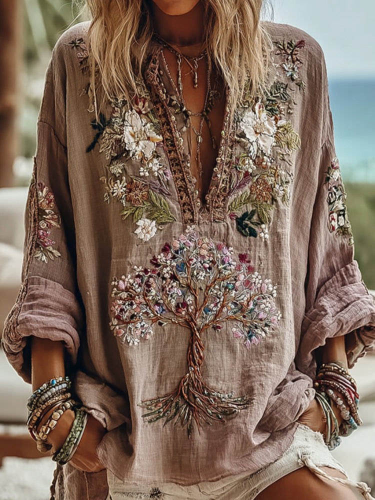 Damen Tribal Lebensbaum Blumen Kunst Freizeit Hemd