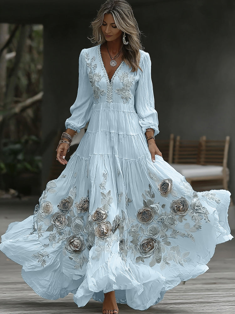 Damen Vintage Rose Stickerei Kunst V-Ausschnitt Freizeit Langarm Maxikleid