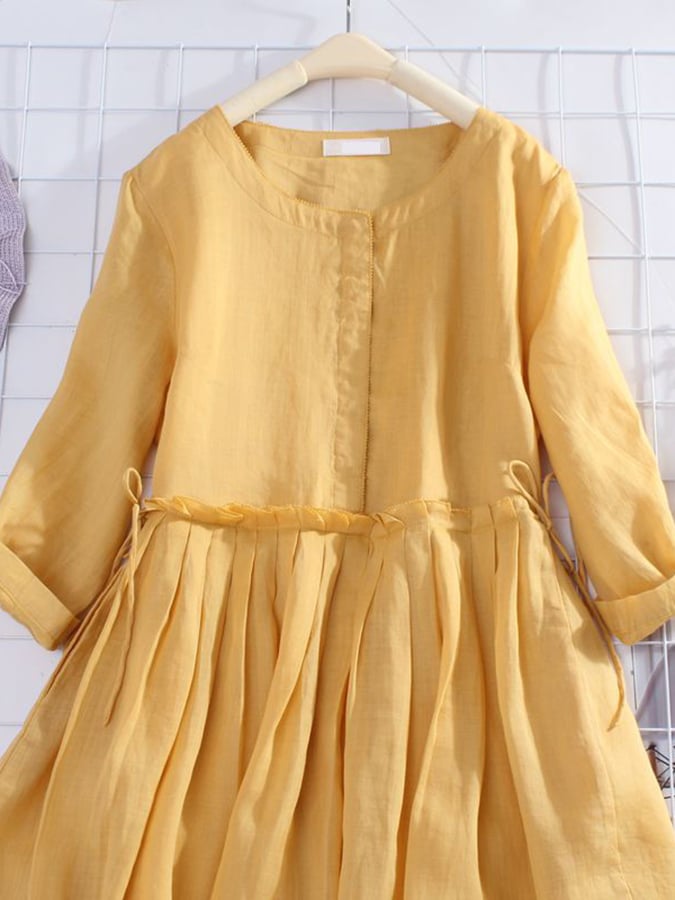 Halbarm Baumwolle Leinen Lockeres Schnürkleid mit weitem Rock