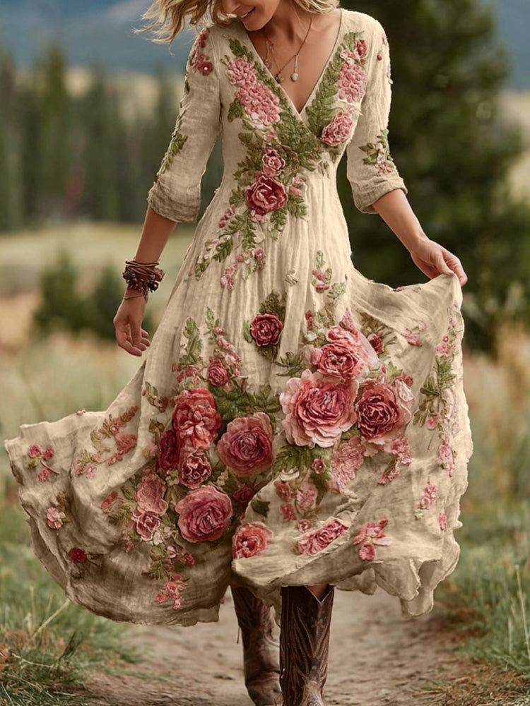 Damen Vintage Rosen Blumenkunst V-Ausschnitt Leinenmischung Bequemes Maxikleid