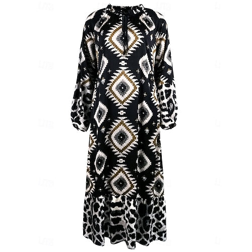 Damen Freizeitkleid Langarm Kleid im böhmischen Stil Langarm Blumenmuster Bindegürtel Frühling V-Ausschnitt