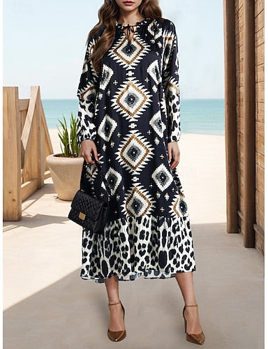 Damen Freizeitkleid Langarm Kleid im böhmischen Stil Langarm Blumenmuster Bindegürtel Frühling V-Ausschnitt