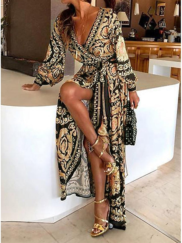 Damen Freizeitkleid Langarm Kleid im böhmischen Stil Langarm Blumenmuster Bindegürtel Frühling V-Ausschnitt