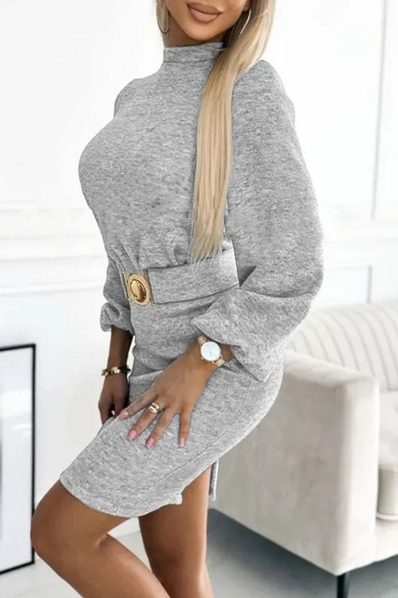 Damen Rundhals Modisches All-Match-Kleid mit Gürtel