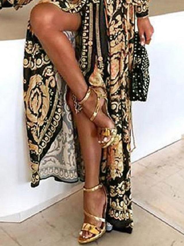 Damen Freizeitkleid Langarm Kleid im böhmischen Stil Langarm Blumenmuster Bindegürtel Frühling V-Ausschnitt