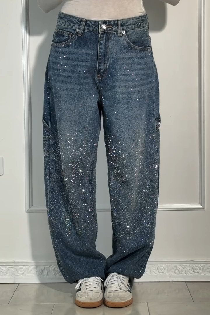 Legere Damen Harem Jeans mit Strasssteinen